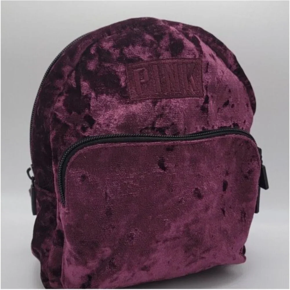 Victoria’s Secret PINK Burgundy Crushed Velvet Mini Backpack | Logo Straps | Zip - Picture 3 of 9